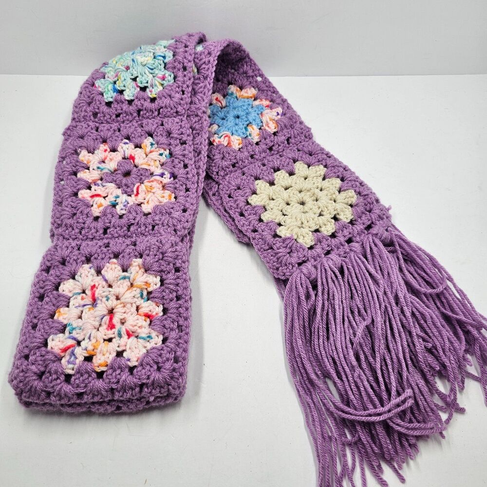 Vintage Handmade Crochet Granny Square Scarf Purple Pastel Boho Fringe Tassel